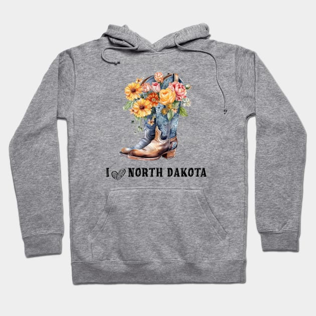 I Love North Dakota Boho Cowboy Boots with Flowers Watercolor Art Hoodie by AdrianaHolmesArt
